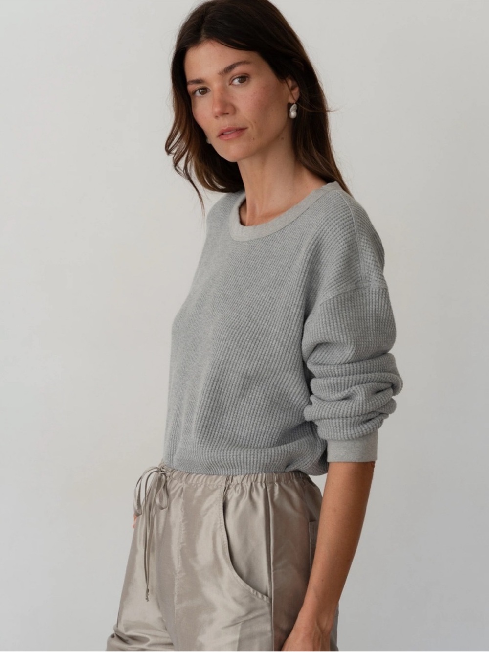 NWT DONNI Thermal Crew Neck Long Sleeve Tee Heather Gray Size Large
